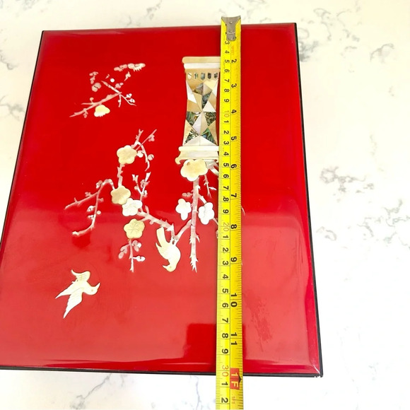 Vintage Lacquered Red Box Mother of Pearl Abalone Inlay Asian Box Stationary Box - Picture 15 of 16